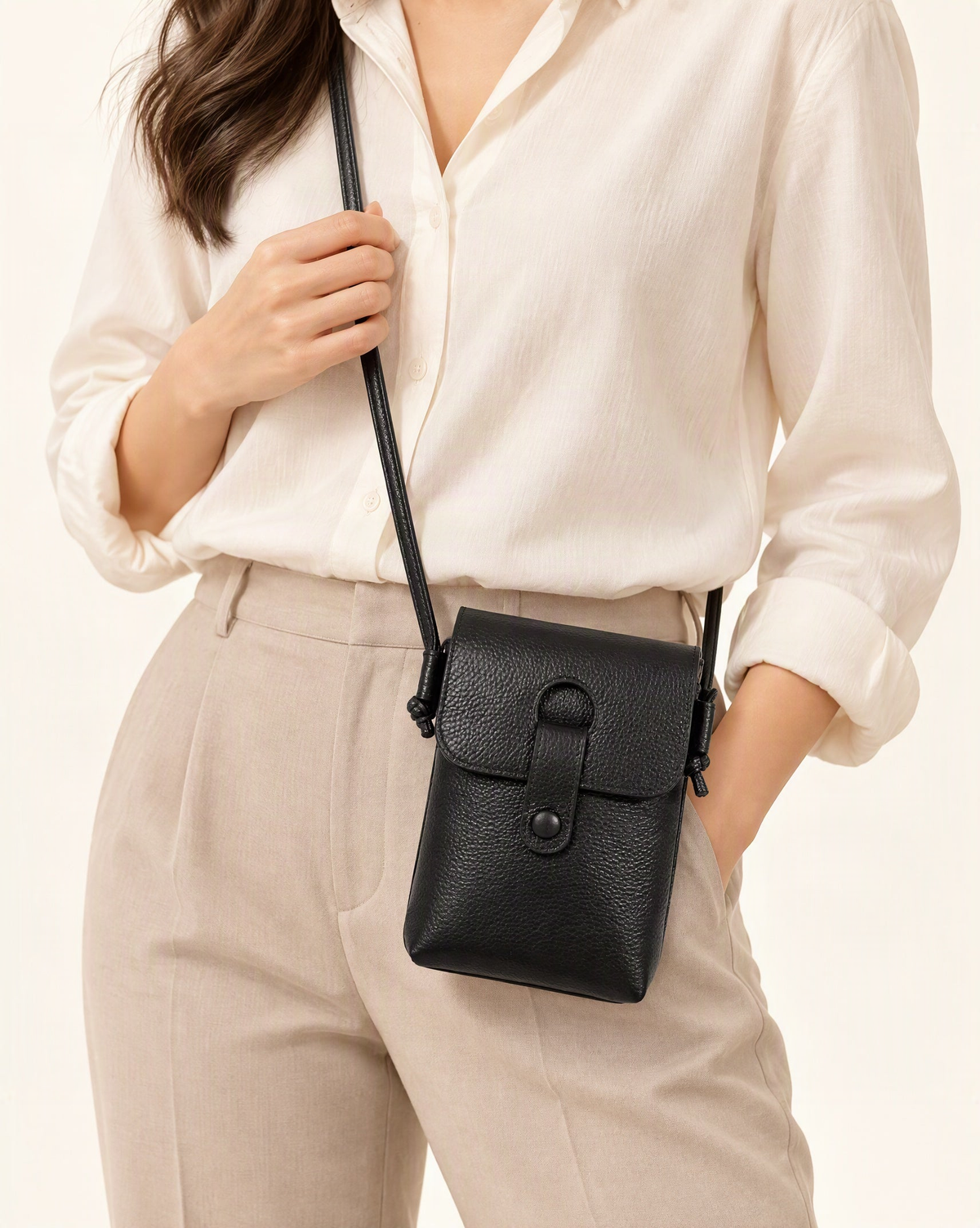 Pebbled Cowhide Micro Crossbody Phone Bag worn crossbody