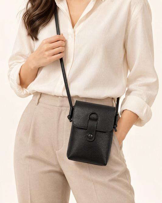 Pebbled Cowhide Micro Crossbody Phone Bag worn crossbody