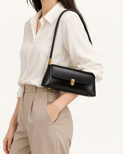Cowhide Leather Small Plus Baguette Shoulder Bag worn crossbody