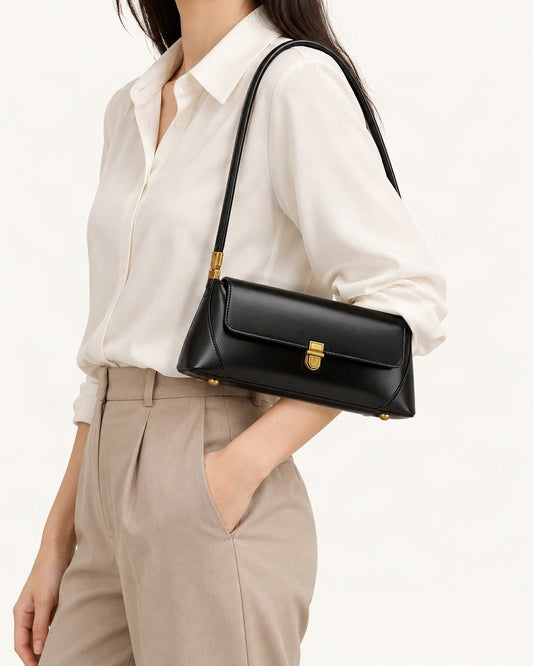 Cowhide Leather Small Plus Baguette Shoulder Bag worn crossbody