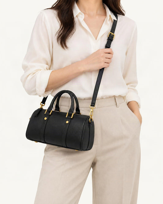 Cowhide Leather Small Boston Bag Top Handle Crossbody worn crossbody