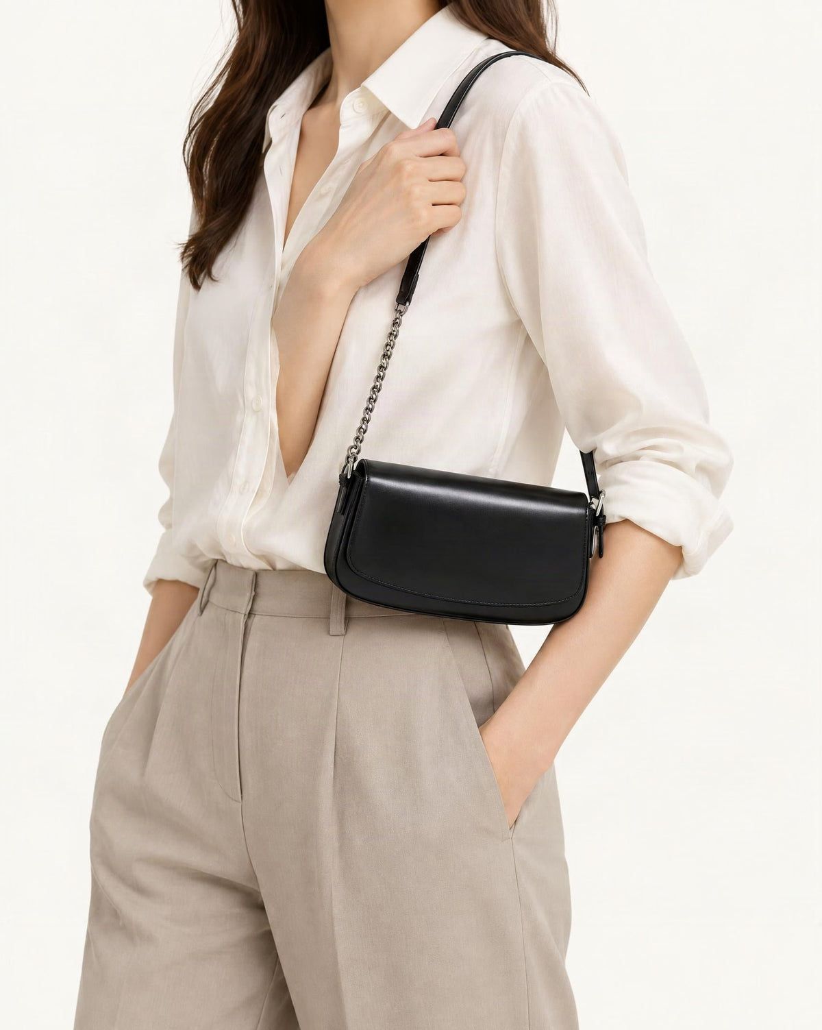 Cowhide Leather Baguette Saddle Shoulder Bag worn crossbody