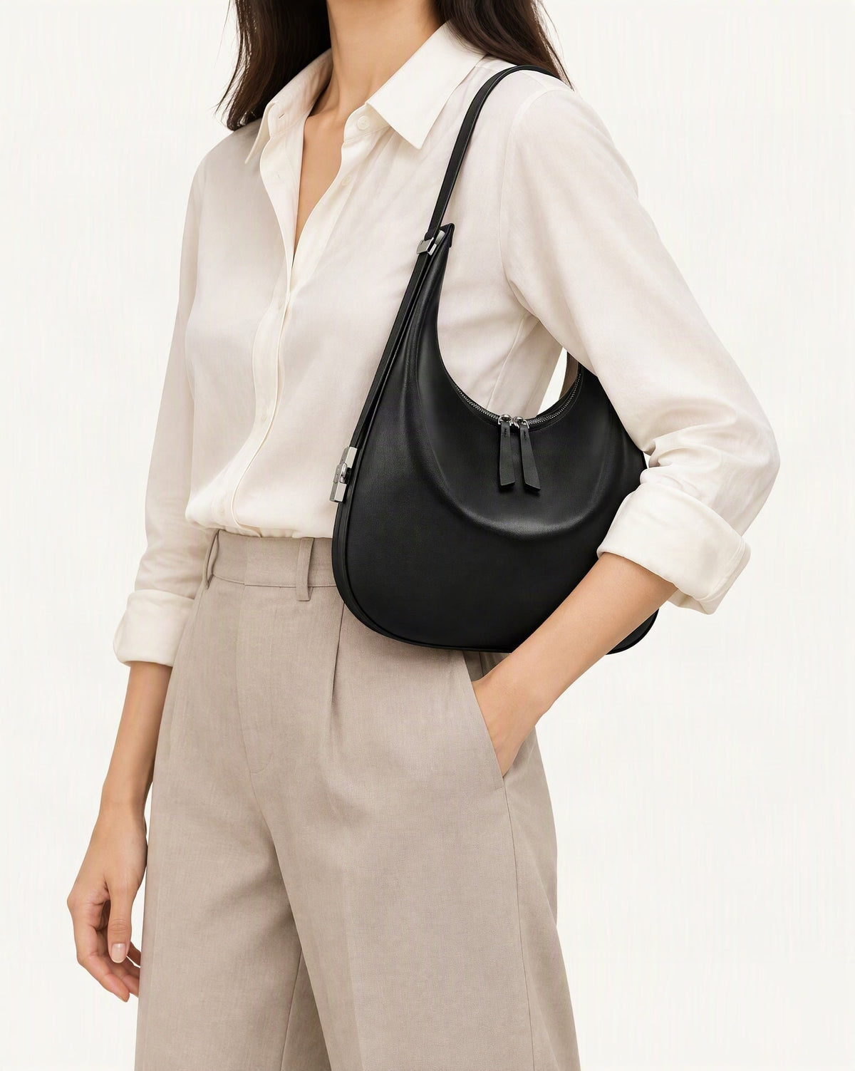 Cowhide Leather Crescent Hobo Shoulder Bag – Color Options worn crossbody