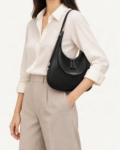 Cowhide Leather Crescent Hobo Shoulder Bag – Color Options worn crossbody