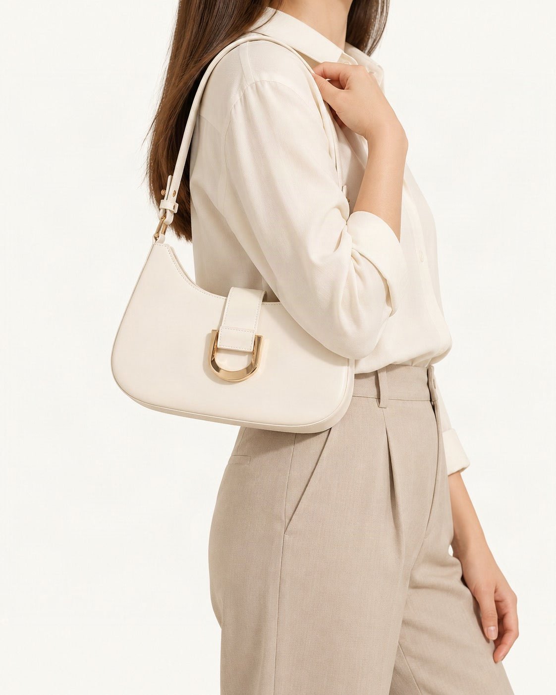 Fitted Small Cowhide Leather Shoulder Bag with Buckle worn crossbody