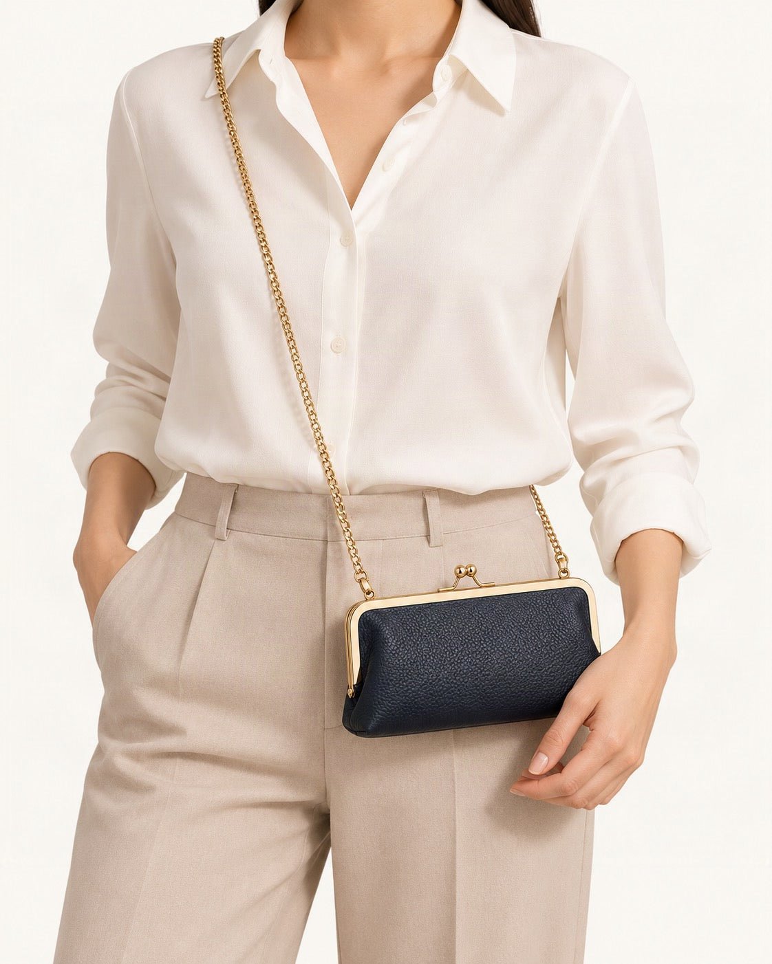 Top-Grain Cowhide Frame Crossbody Bag worn crossbody