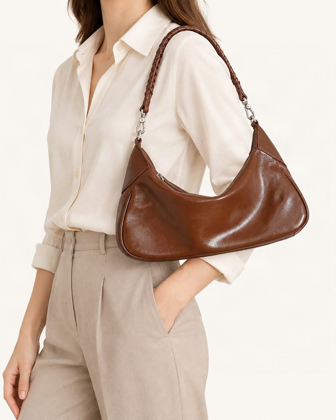 Top-Grain Cowhide Hobo Shoulder Bag worn on the shoulder