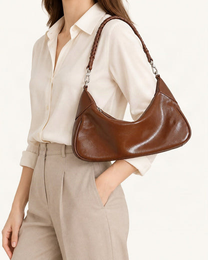 Top-Grain Cowhide Hobo Shoulder Bag worn on the shoulder