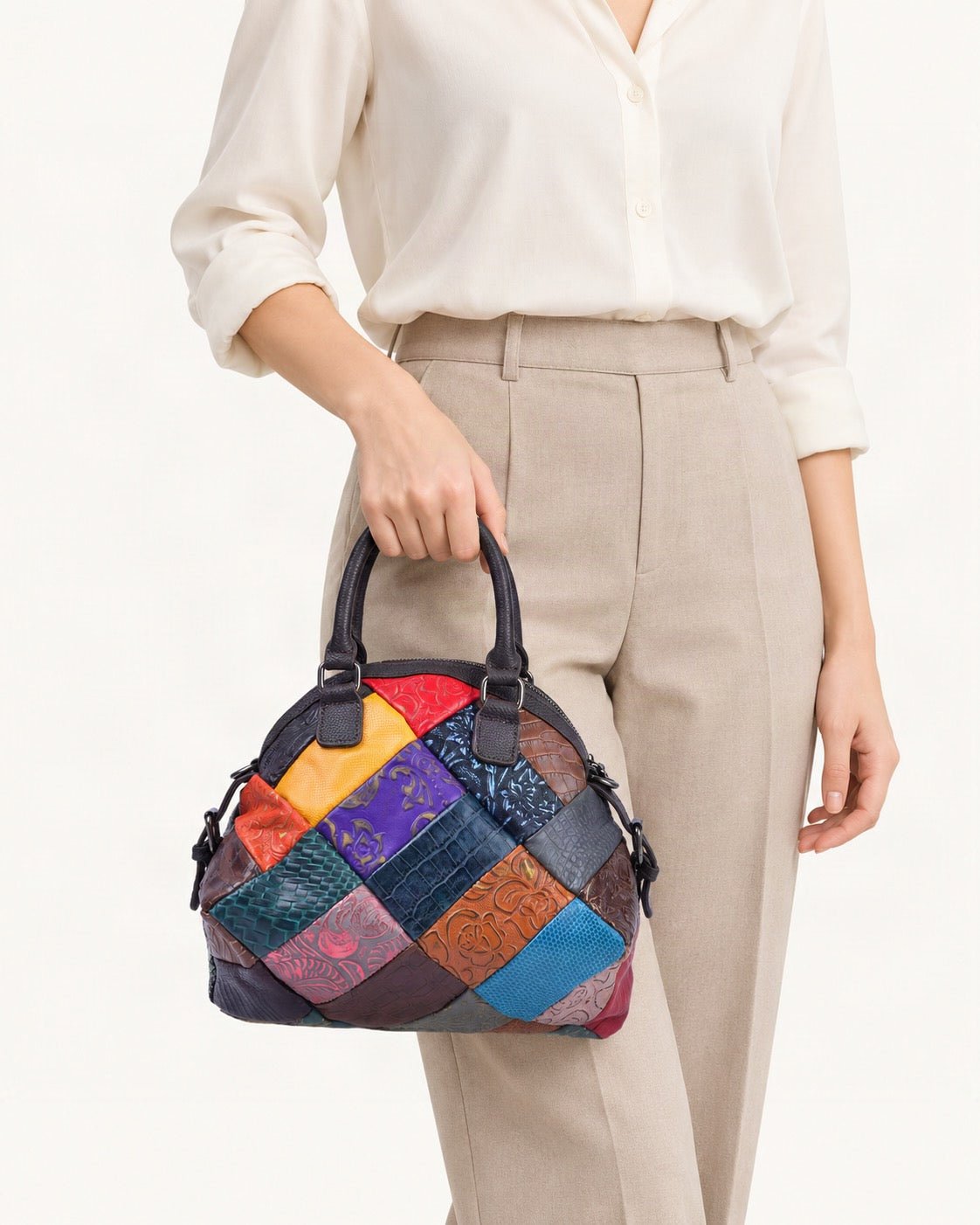 Top-Grain Cowhide Patchwork Shoulder Bag worn crossbody