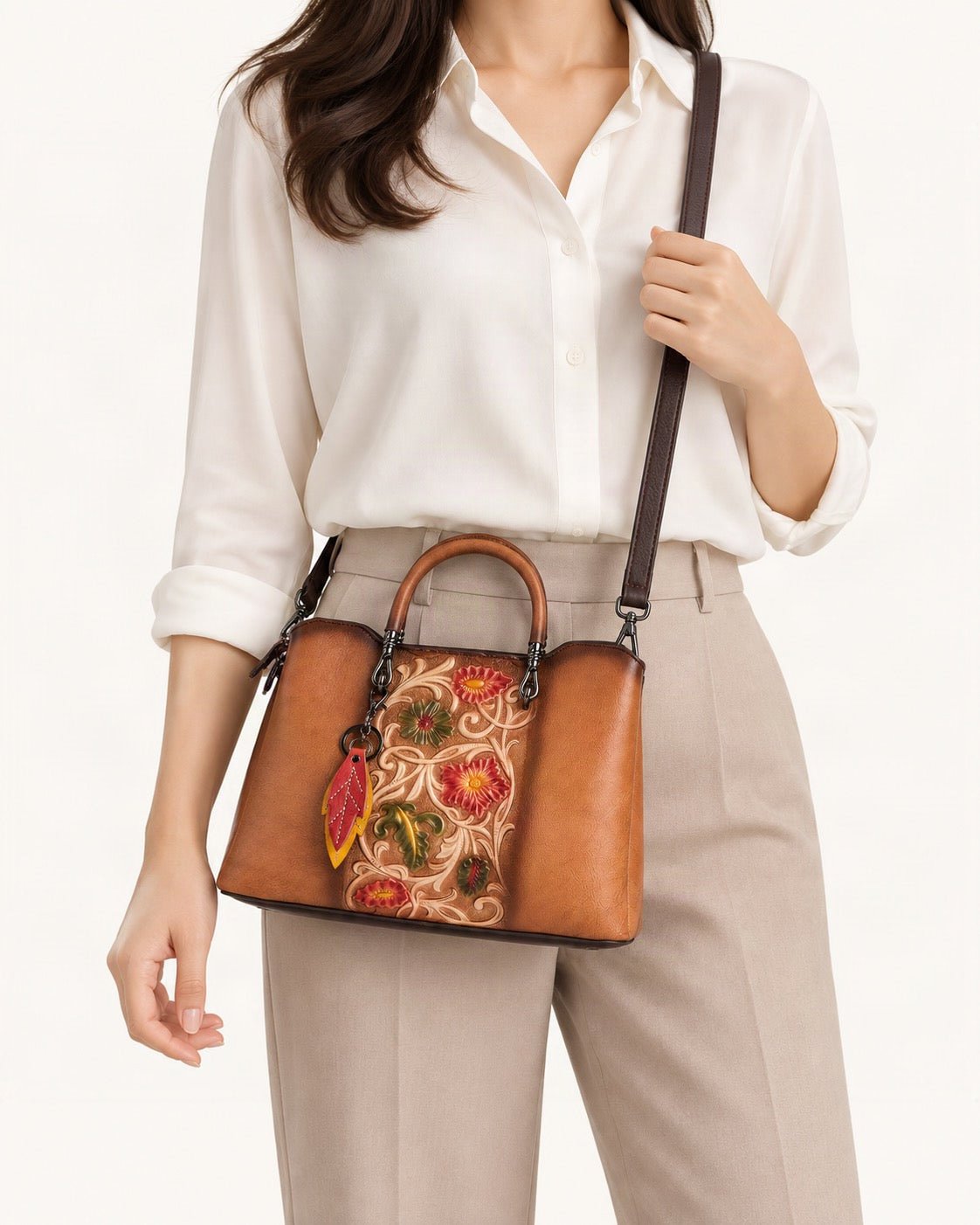 Top-Grain Cowhide Floral Crossbody Bag worn crossbody