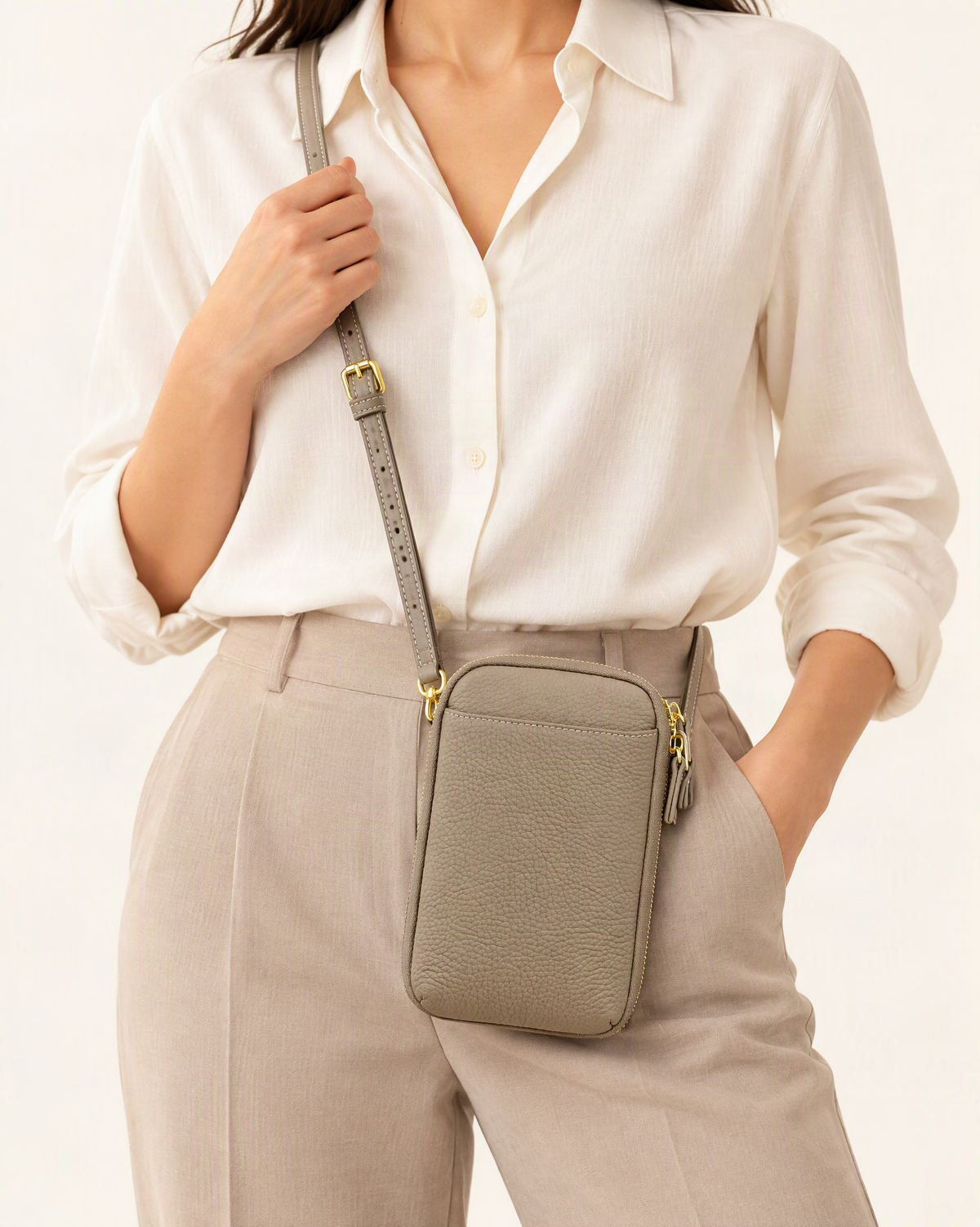 Cowhide Leather Micro Crossbody Phone Bag worn crossbody