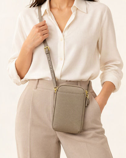 Cowhide Leather Micro Crossbody Phone Bag worn crossbody