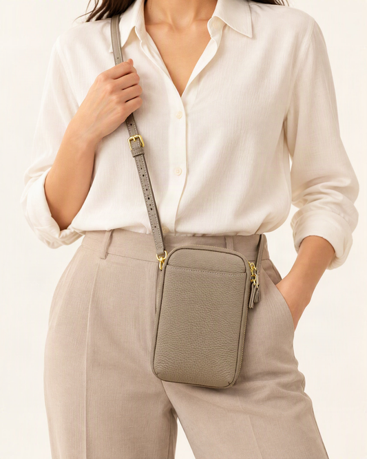 Cowhide Leather Micro Crossbody Phone Bag worn crossbody