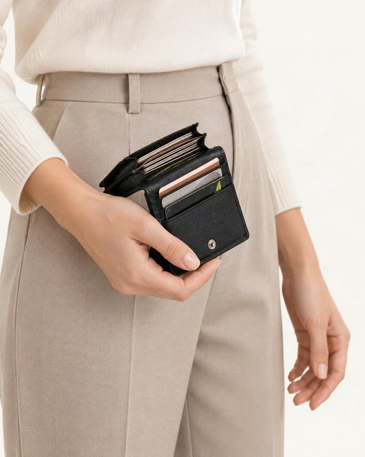 Genuine Leather RFID-Blocking Card Holder Wallet held in hand by a model
