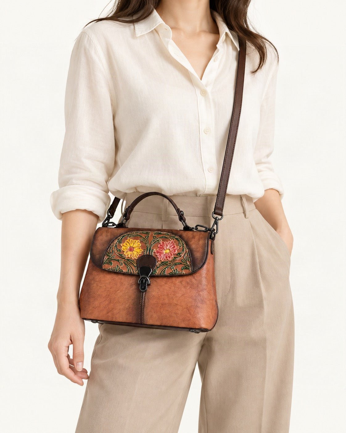 Top-Grain Cowhide Top-Handle Crossbody Bag worn crossbody