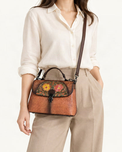 Top-Grain Cowhide Top-Handle Crossbody Bag worn crossbody