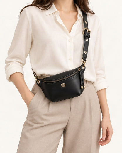 Split Leather Crossbody Belt Bag worn crossbody