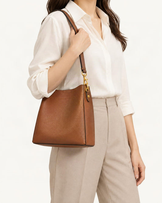 Cowhide Leather Small Bucket Tote Bag worn crossbody