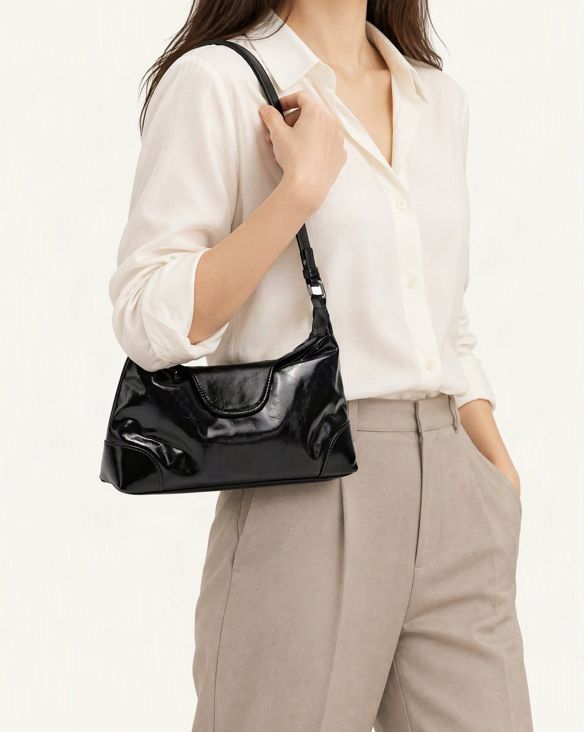 Cowhide Leather Small Shoulder Bag with Adjustable Strap worn crossbody