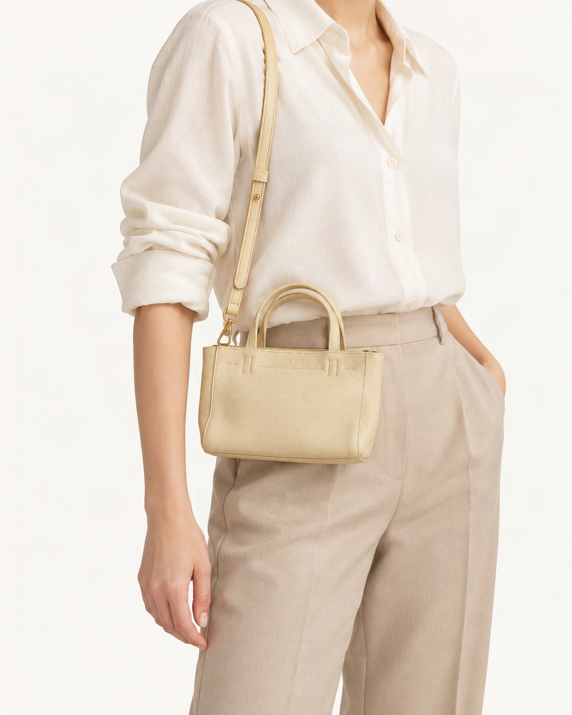 Top-Grain Cowhide Mini Tote Bag – Color Options worn crossbody