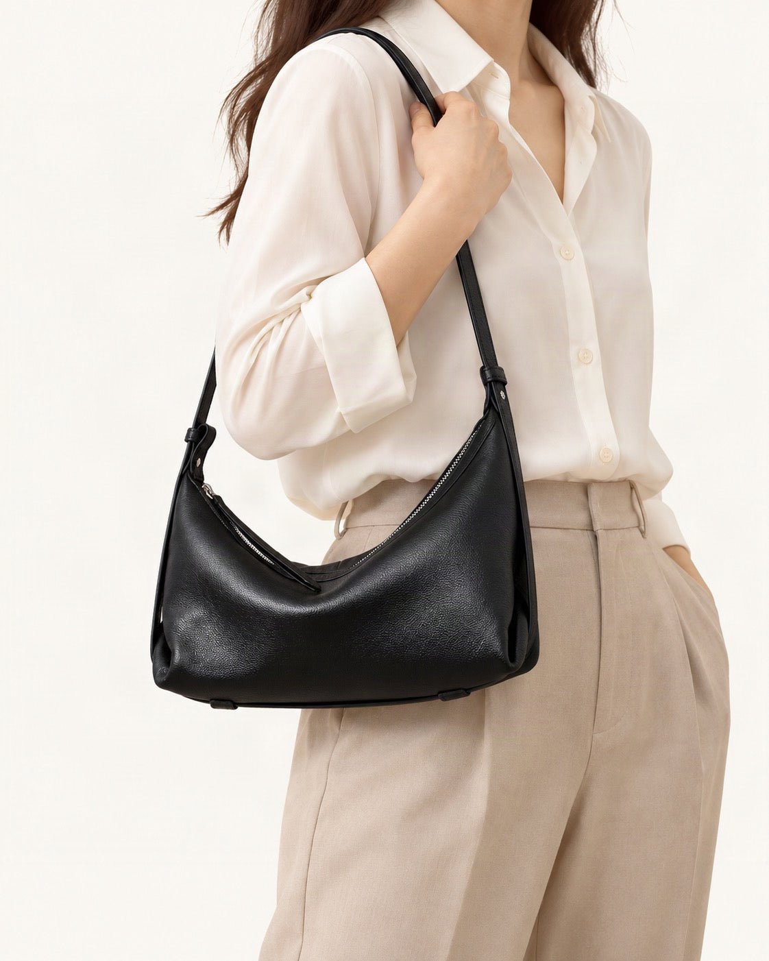 Top-Grain Cowhide Leather Hobo Bag worn crossbody