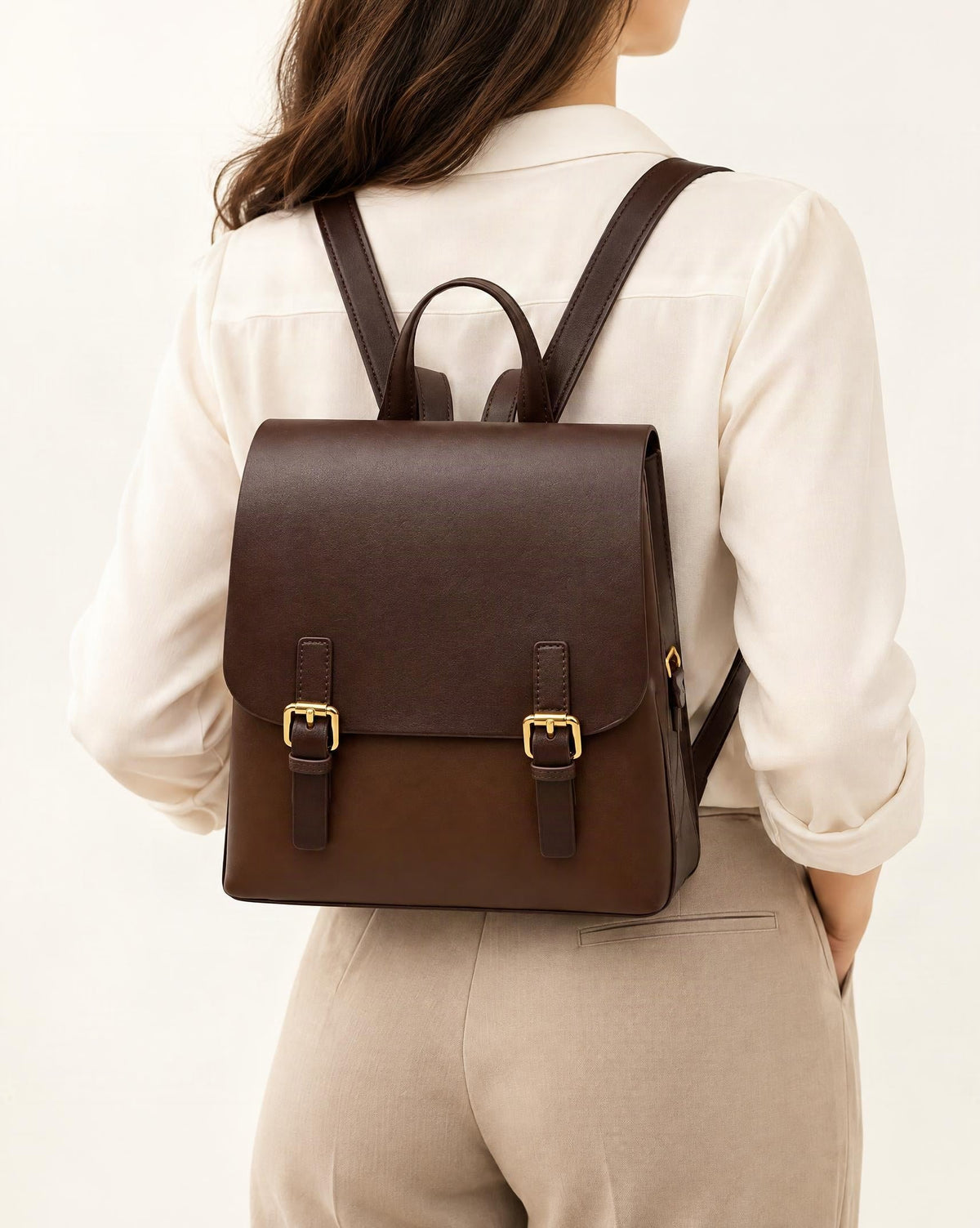 Cowhide Leather Backpack with Magnetic Flap worn as a backpack