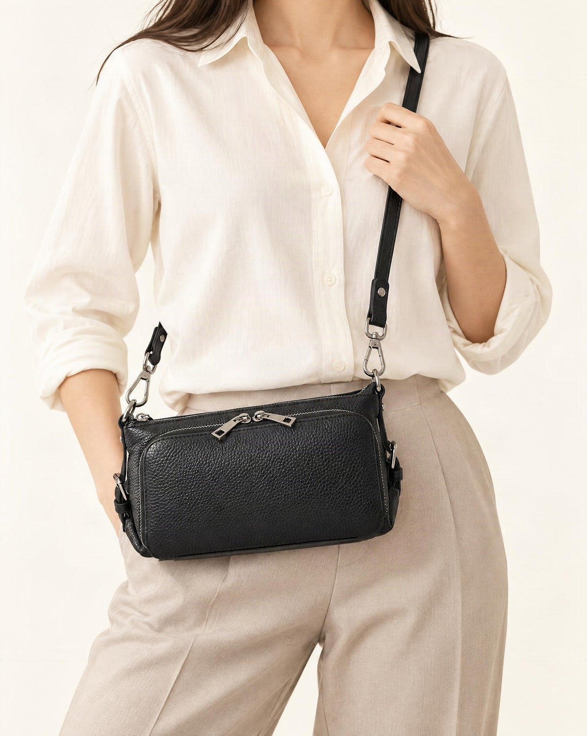 Top Grain Leather Crossbody Bag with 10 Card Slots worn crossbody