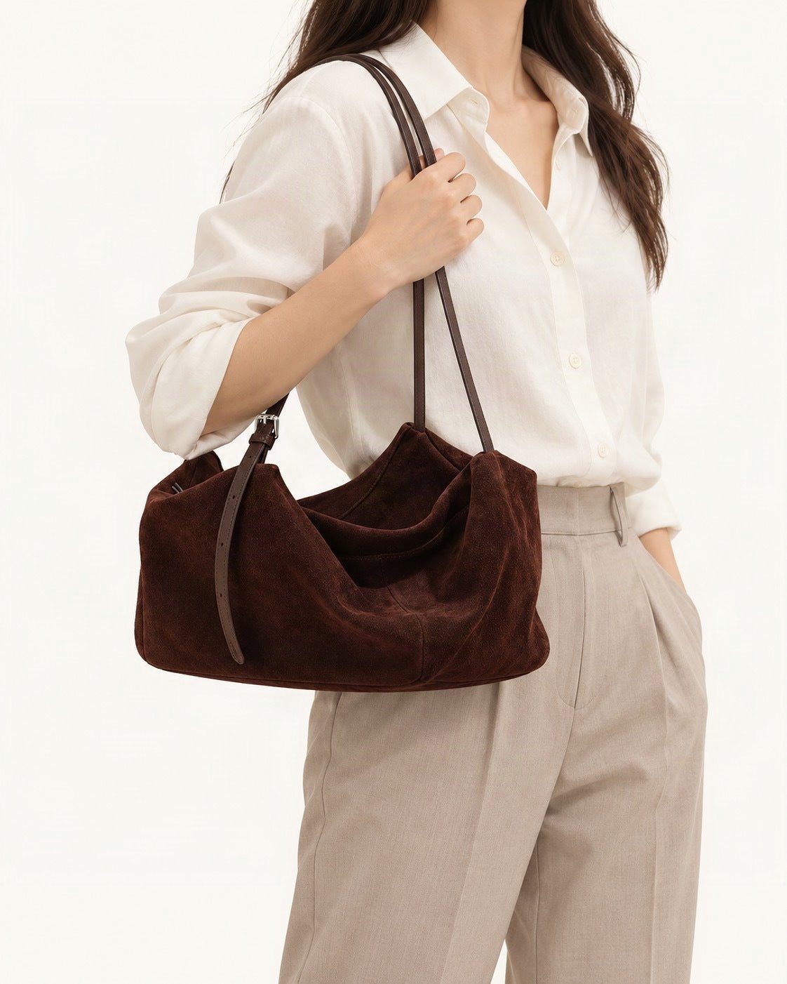 Suede Cowhide Zip Shoulder Tote Bag worn on the shoulder