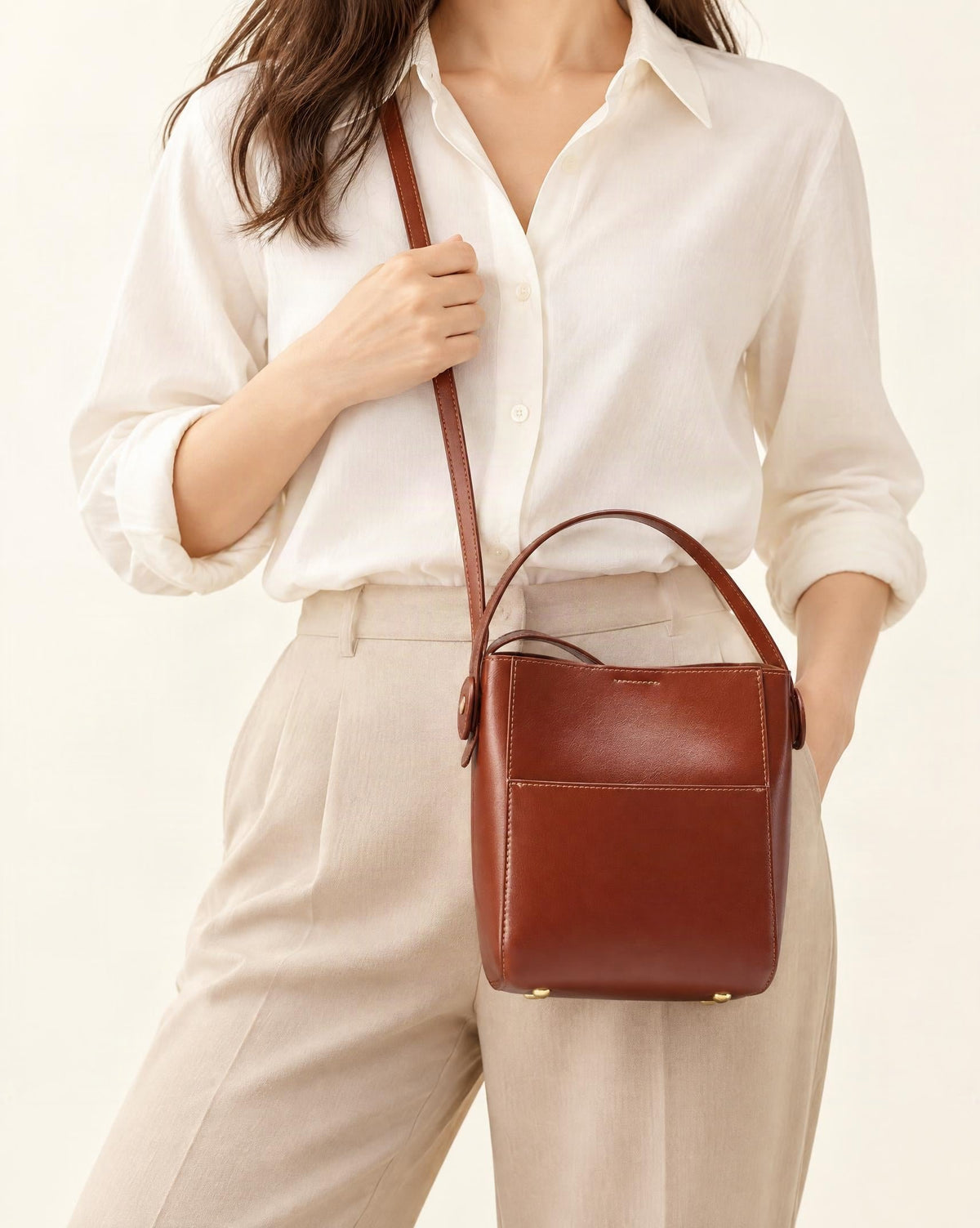 Cowhide Leather Bucket Crossbody Bag worn crossbody