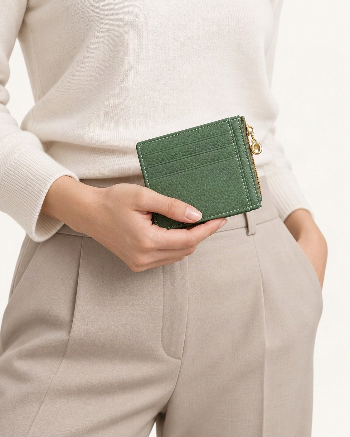 Top-Grain Cowhide Slim Card Holder with Zip Coin Pocket held in hand by a model