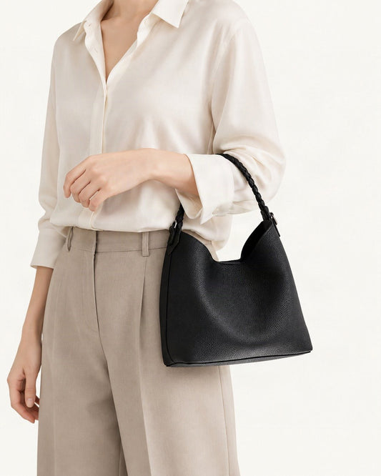 Cowhide Leather Bucket Bag Braided Handle worn crossbody