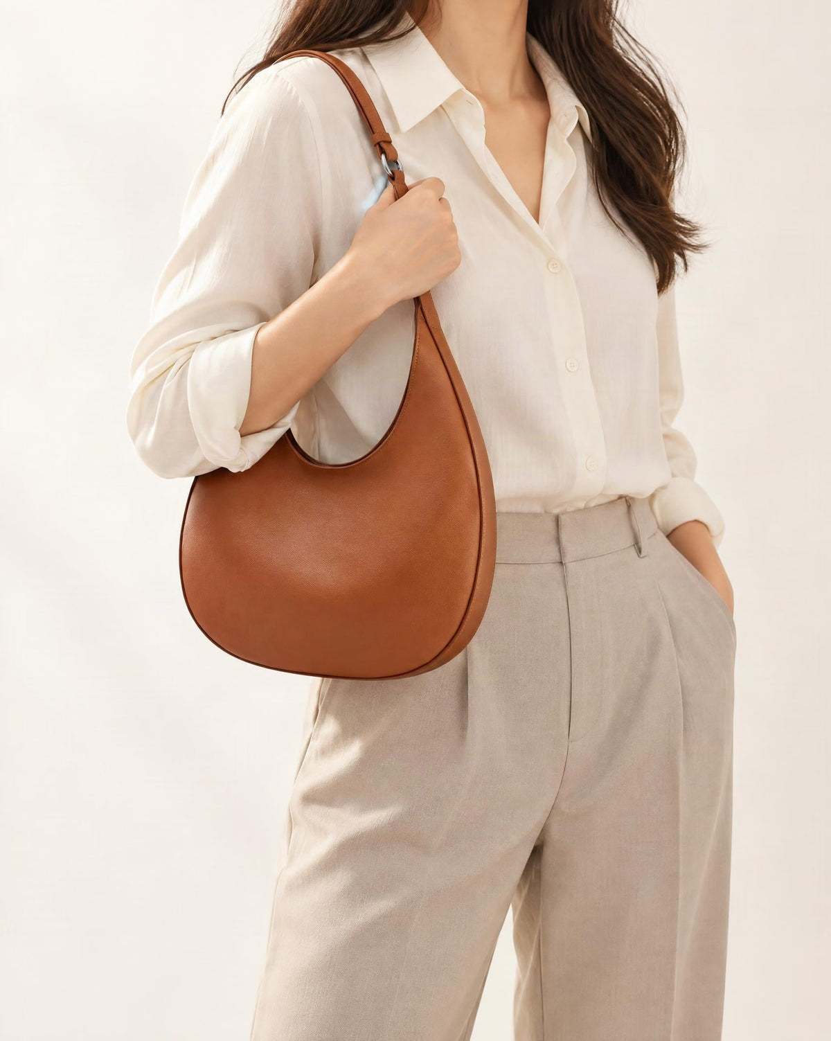 Cowhide Leather Crescent Hobo Bag worn crossbody