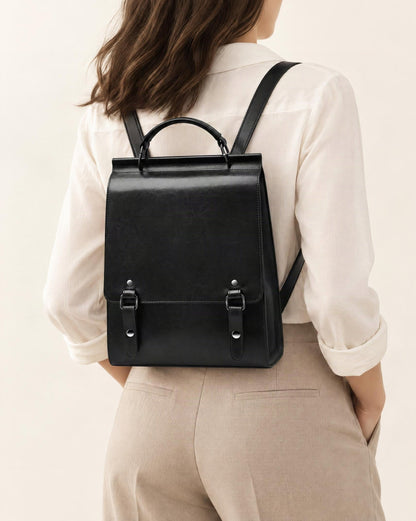 Cowhide Leather Small Backpack with Buckle Flap worn as a backpack