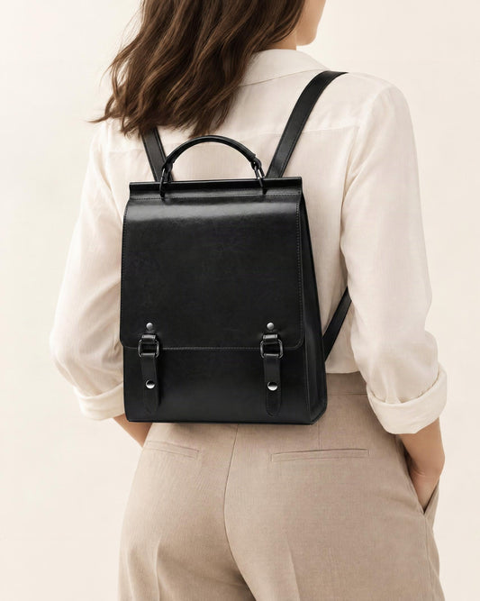 Cowhide Leather Small Backpack with Buckle Flap worn as a backpack