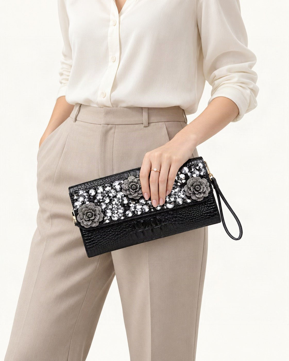 Split Leather Embellished Clutch worn crossbody