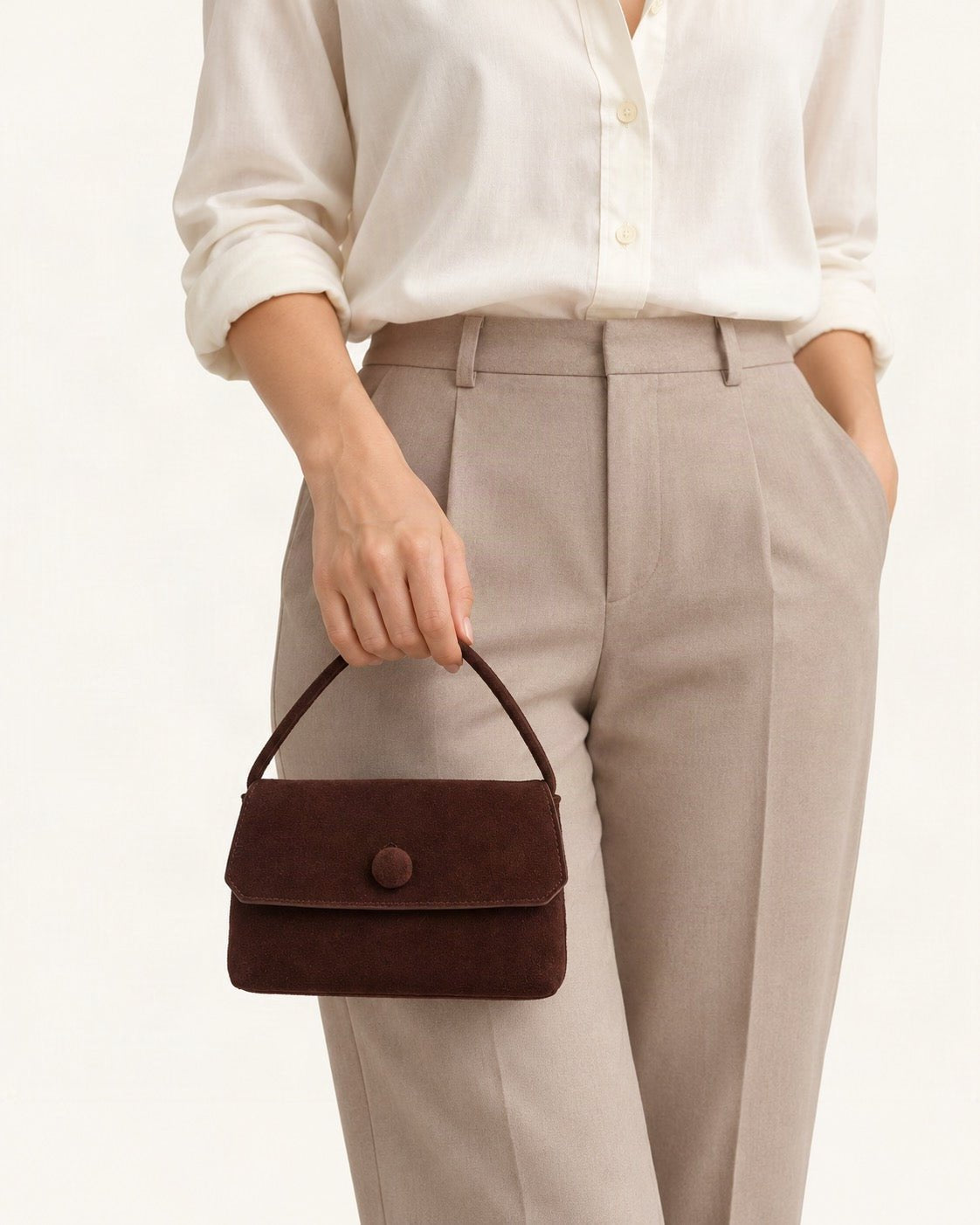 Suede Lambskin Mini Shoulder Bag with Button Flap worn on the shoulder