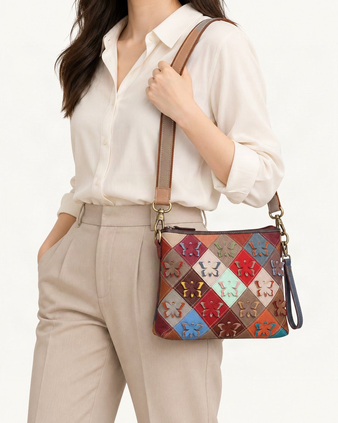 Top-Grain Cowhide Small Shoulder Bag – Multicolor Patchwork worn crossbody