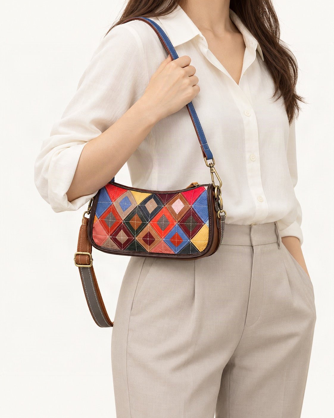 Top-Grain Cowhide Geometric Patchwork Shoulder Bag worn crossbody
