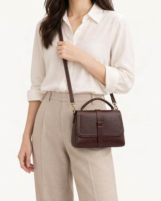 Cowhide Leather Small Boston Crossbody Bag with Top Handle worn crossbody