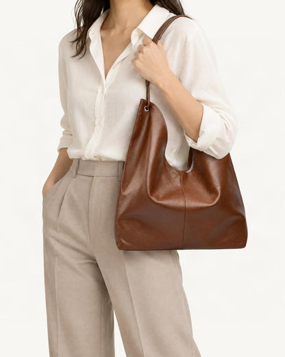 Cowhide Leather Small Hobo Shoulder Bag worn crossbody