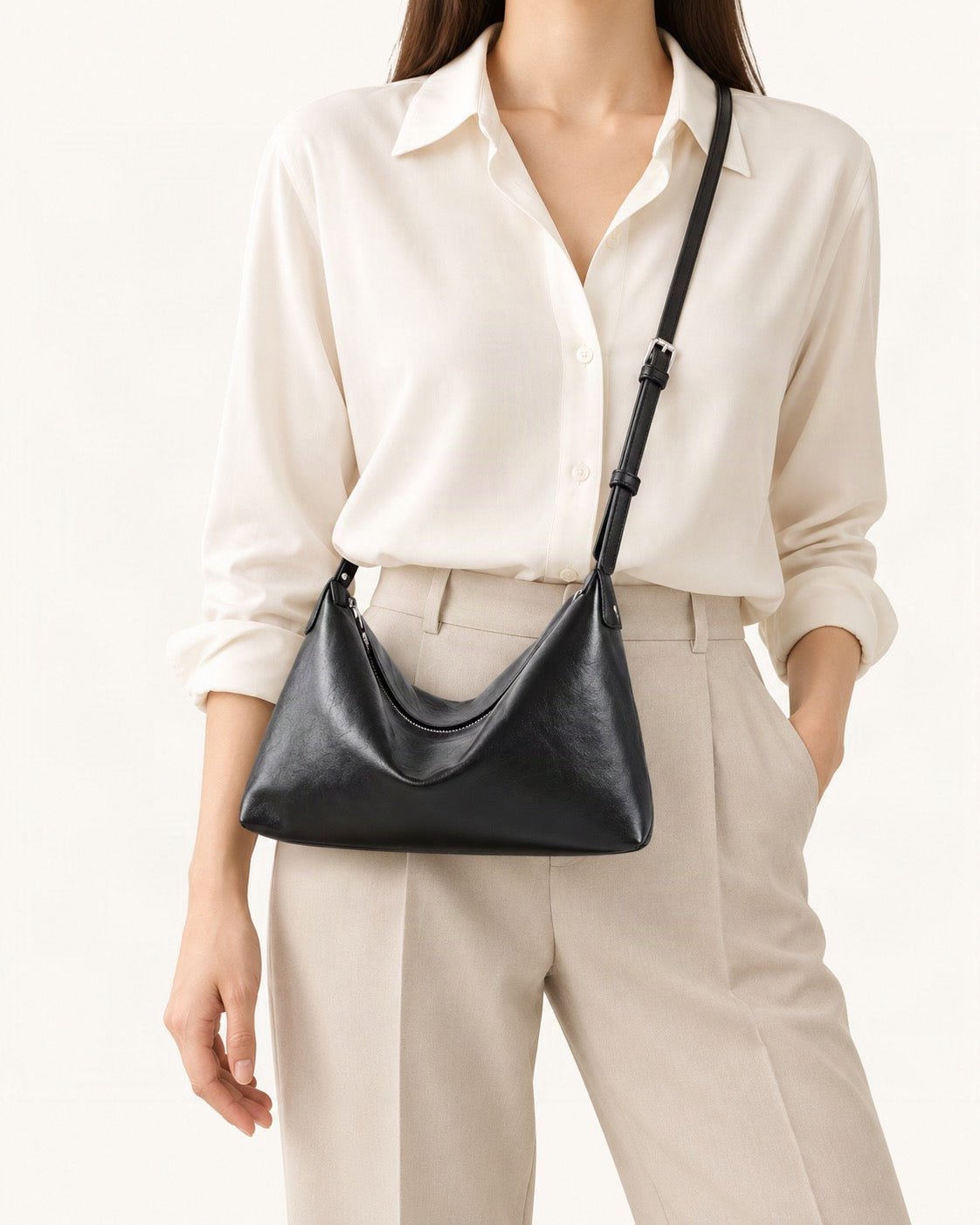 Top-Grain Cowhide Hobo Shoulder Bag – Color Options worn crossbody