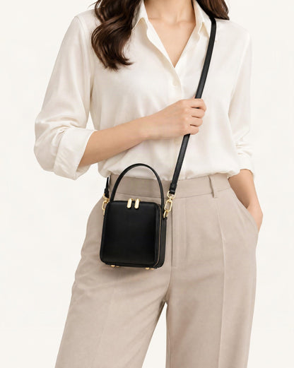 Cowhide Leather Micro Box Bag Top Handle Crossbody worn crossbody
