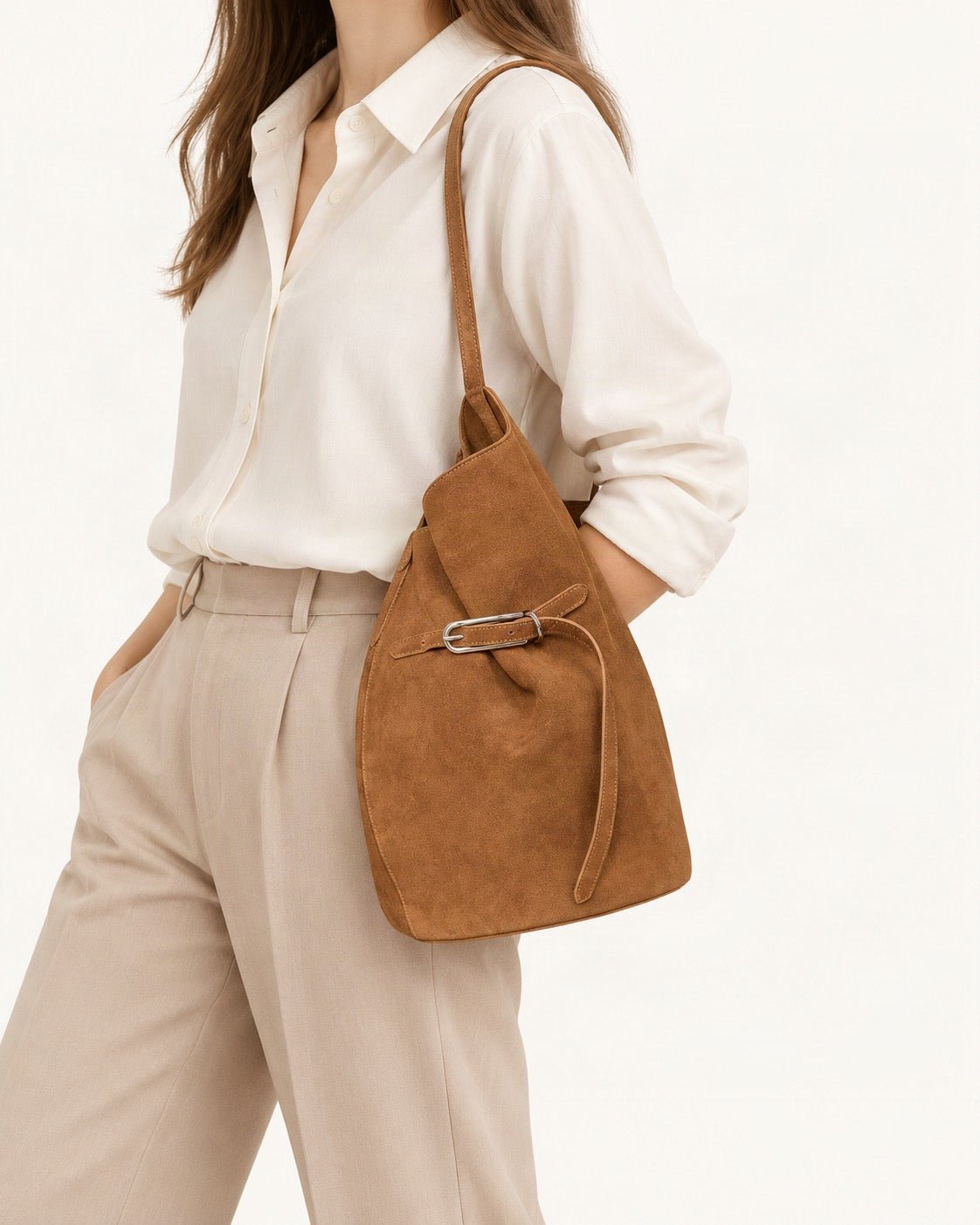 Suede Cowhide Shoulder Tote Bag worn on the shoulder