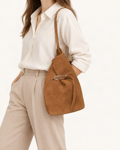 Suede Cowhide Shoulder Tote Bag worn on the shoulder