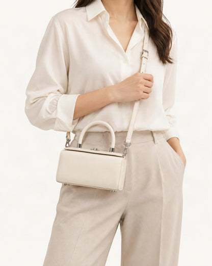 Cowhide Leather Box Handbag worn crossbody