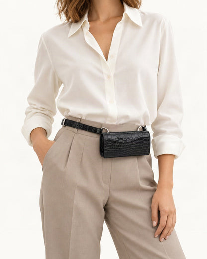 Split Cowhide Croc-Embossed Belt Bag worn crossbody