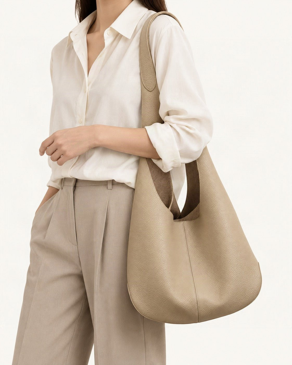 Cowhide Leather Small Bucket Tote Shoulder Bag worn crossbody