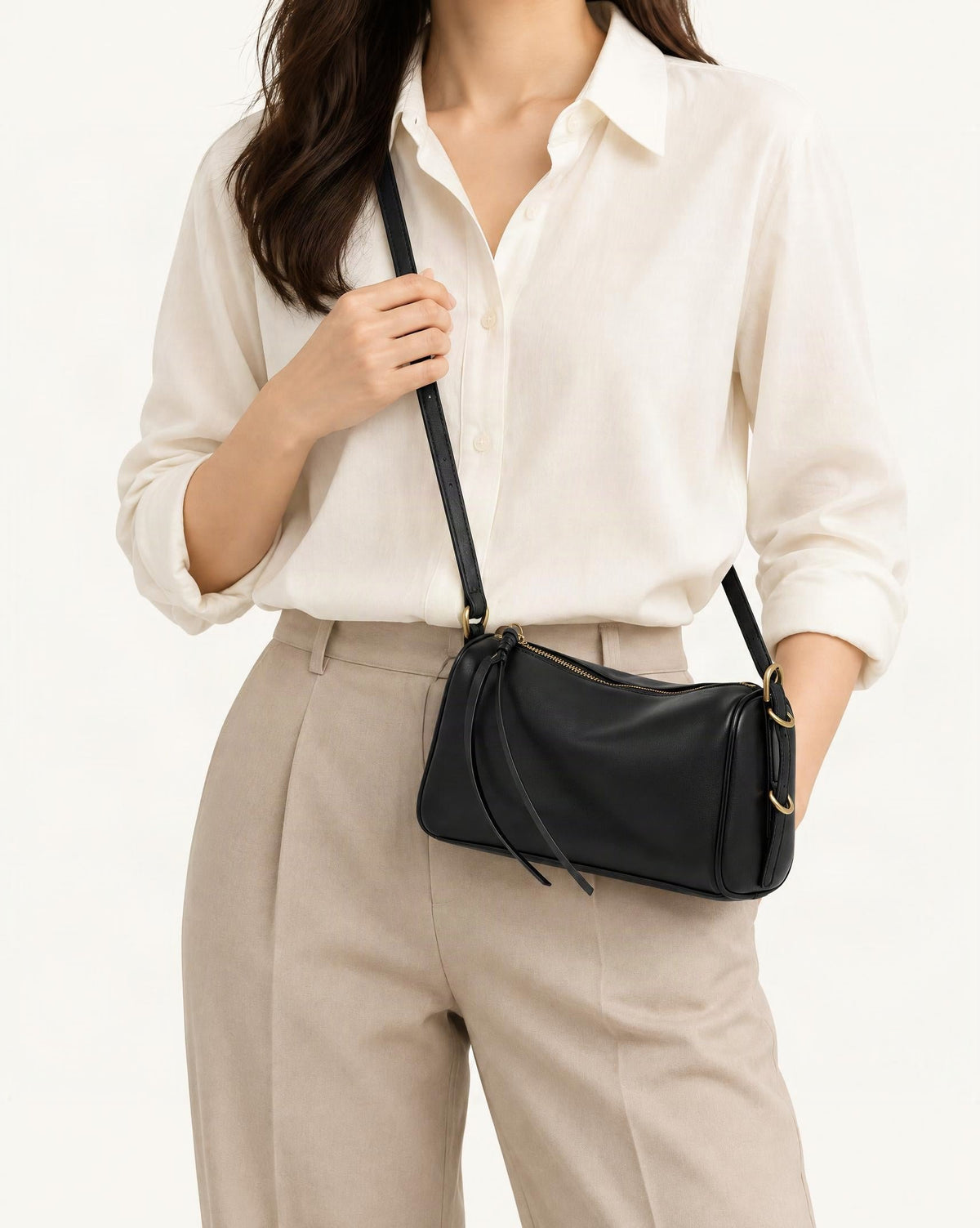 Cowhide Leather Small Crossbody Bag with Adjustable Strap worn crossbody