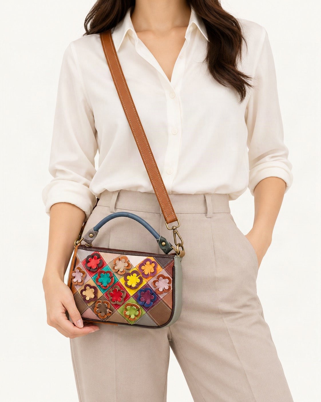 Top-Grain Cowhide Small Crossbody Bag – Random Multicolor worn crossbody
