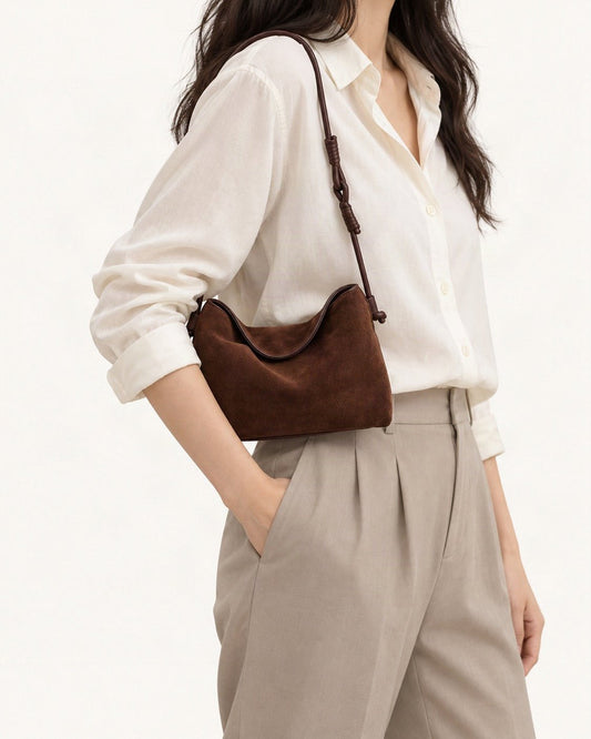 Suede Cowhide Shoulder Crossbody Bag worn on the shoulder